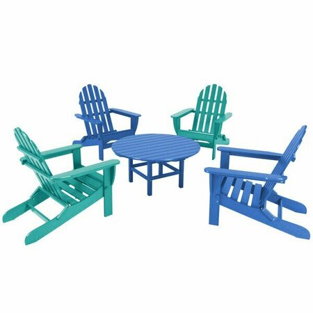 POLYWOOD Classic 5-Piece Pacific Blue / Aruba Patio Set with 4 Folding Adirondack Chairs 633PWS191PBR